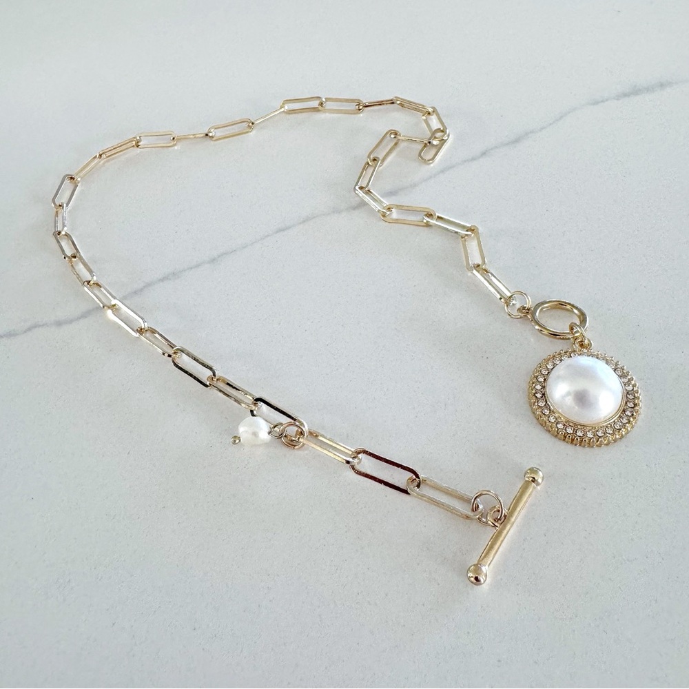 Gold Layered Necklace Multilaye Chunky layered Pearl Paperclip Chain Nec… - Picture 6 of 11